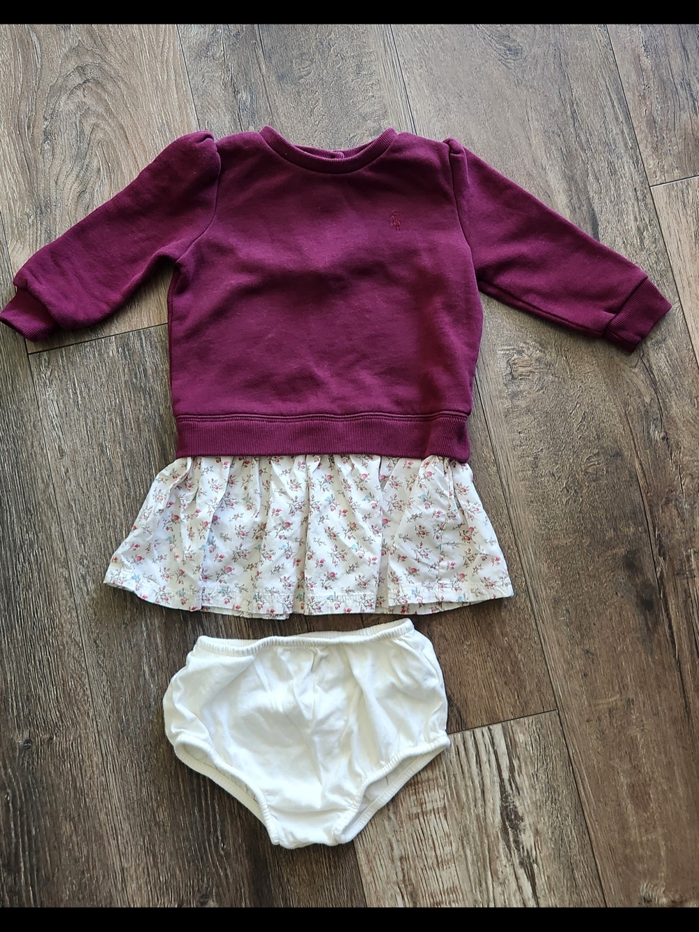 Kids Maroon Layered Dress Top with Floral Skirt and White Bloomers